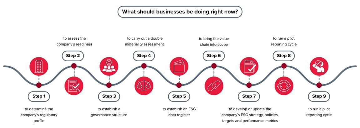 ESG Implementation Roadmap: 9-Step Guide for ESG Strategy, Governance and Sustainability Reporting ESG implementation roadmap with 9 key steps: regulatory profile assessment, company readiness review, governance structure setup, double materiality assessment, ESG data register, value chain analysis, ESG strategy development, pilot reporting and sustainability reporting cycle