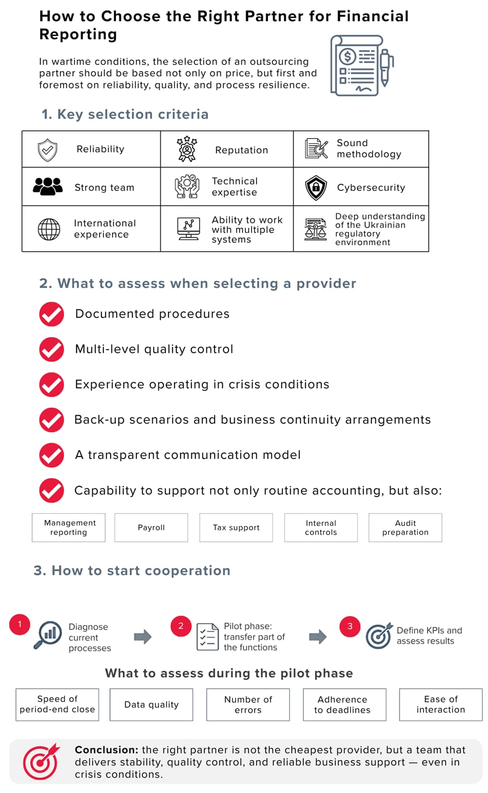 BDO infographic outlining key criteria for selecting a financial reporting outsourcing partner, including reliability, expertise, cybersecurity, quality control, and process continuity during wartime