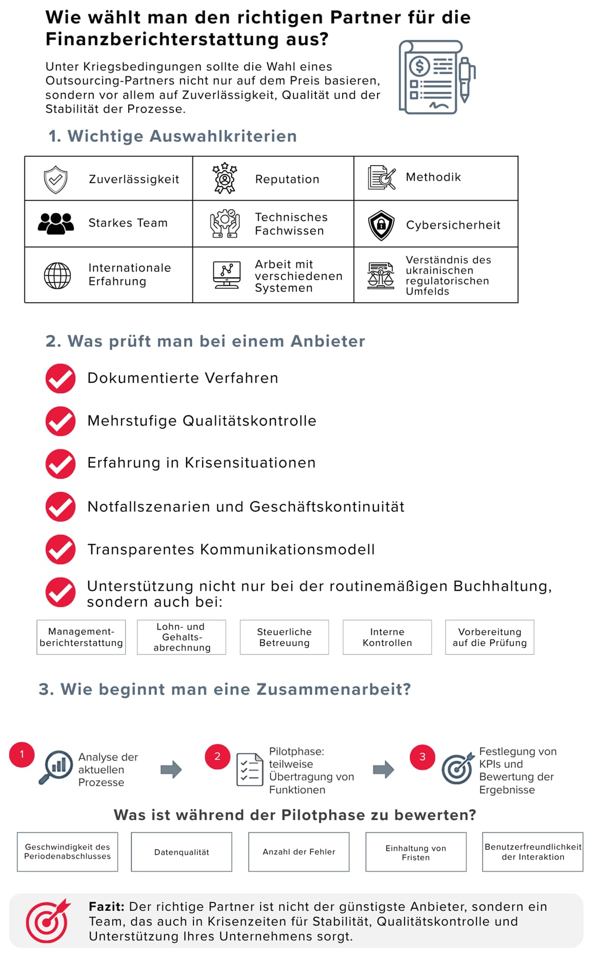 Infografik von BDO zu den Kriterien für die Auswahl eines Outsourcing-Partners für die Finanzberichterstattung: Zuverlässigkeit, Fachkompetenz, Cybersicherheit, Qualitätskontrolle und Prozesskontinuität unter Kriegsbedingungen