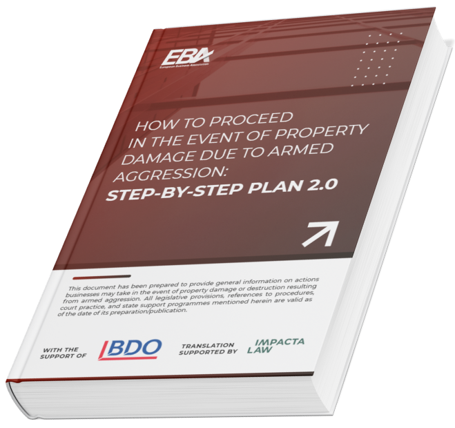 Cover of a slim brochure with a dark red design, featuring the text “How businesses should respond to property damage resulting from armed aggression: a step-by-step plan.” The EBA logo is visible at the top, and at the bottom is the BDO logo and a text block describing the document