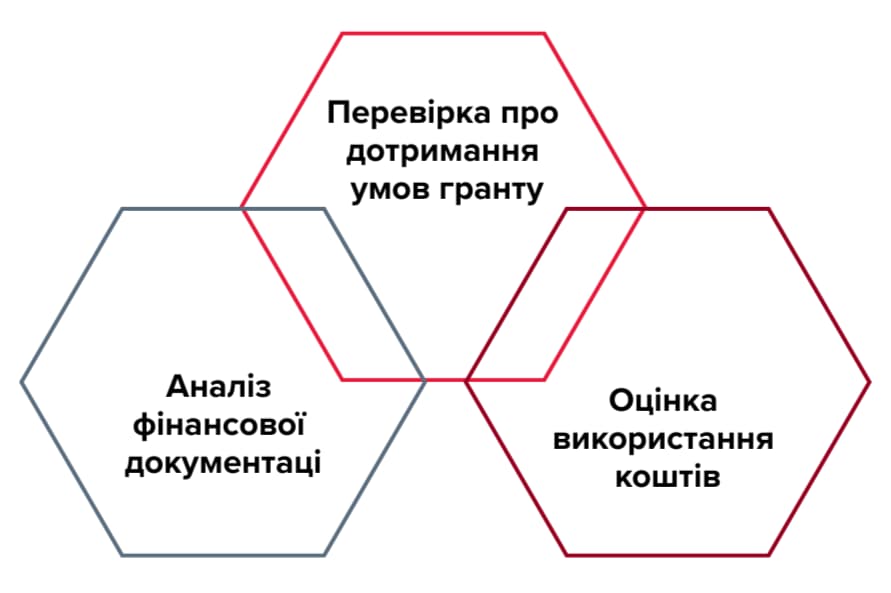 Схема аудиту грантових проєктів: перевірка дотримання умов гранту, аналіз фінансової документації та оцінка використання коштів