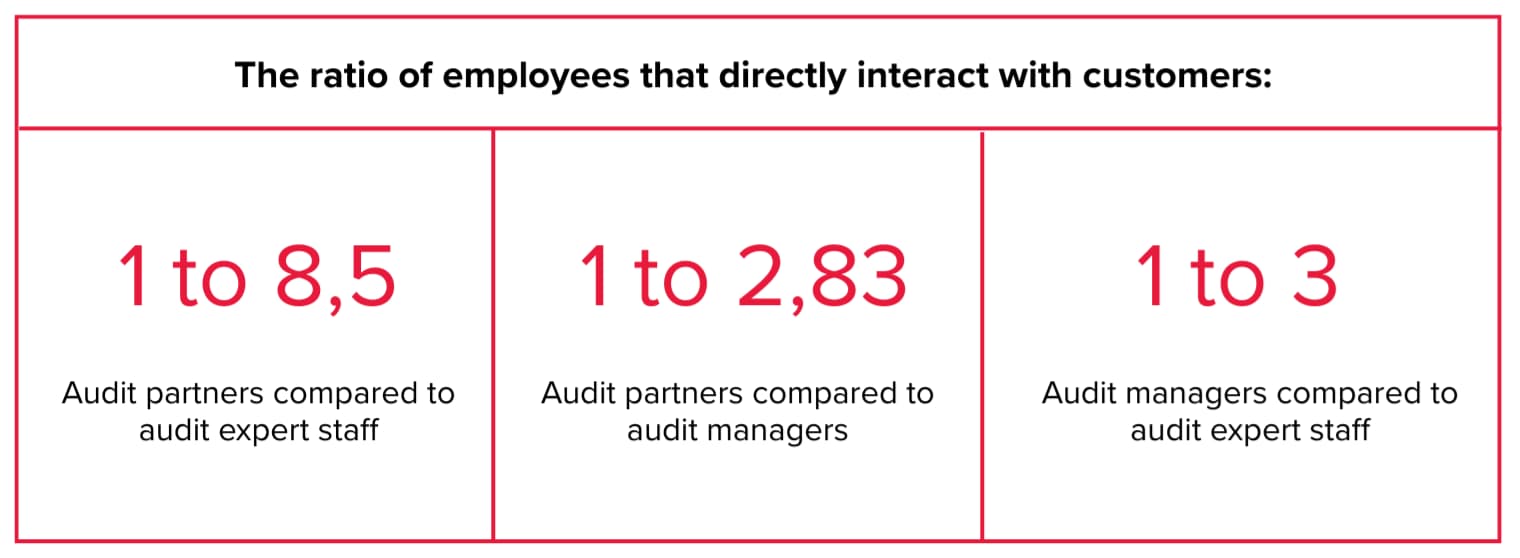 Infographic showing the ratio of audit staff at BDO in Ukraine who interact directly with clients: partners, managers, and professional audit staff, with quantitative workload indicators