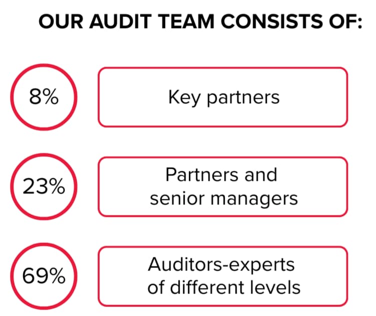 Infographic of the audit team composition: 8%25 key partners, 23%25 partners and senior managers, 69%25 professional auditors of various levels who ensure the quality of audit services